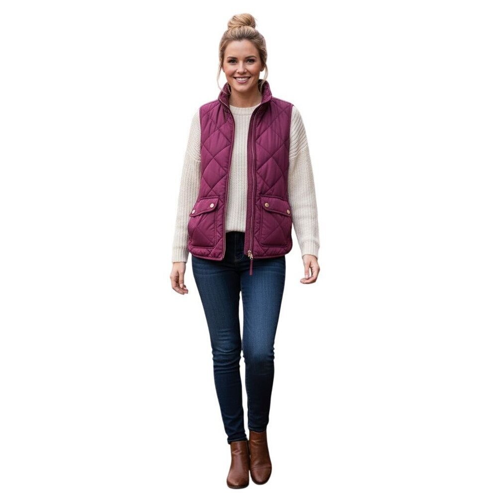 J.Crew Fresh Raspberry Quilted Puffer Vest Jacket Flap Snap Pockets Size XS